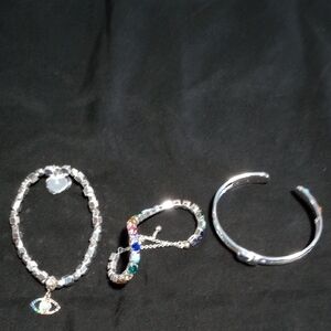 Silver-Tone Multi-Gem Bracelet Trio - Sparkling Crystal and Cuff Set